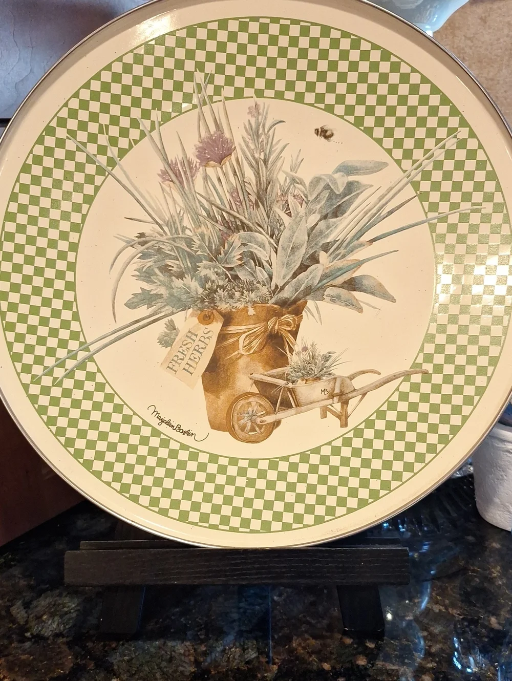 Vtg '90s Hallmark Marjolein Bastin Green Check Herb Garden Decorative Tray